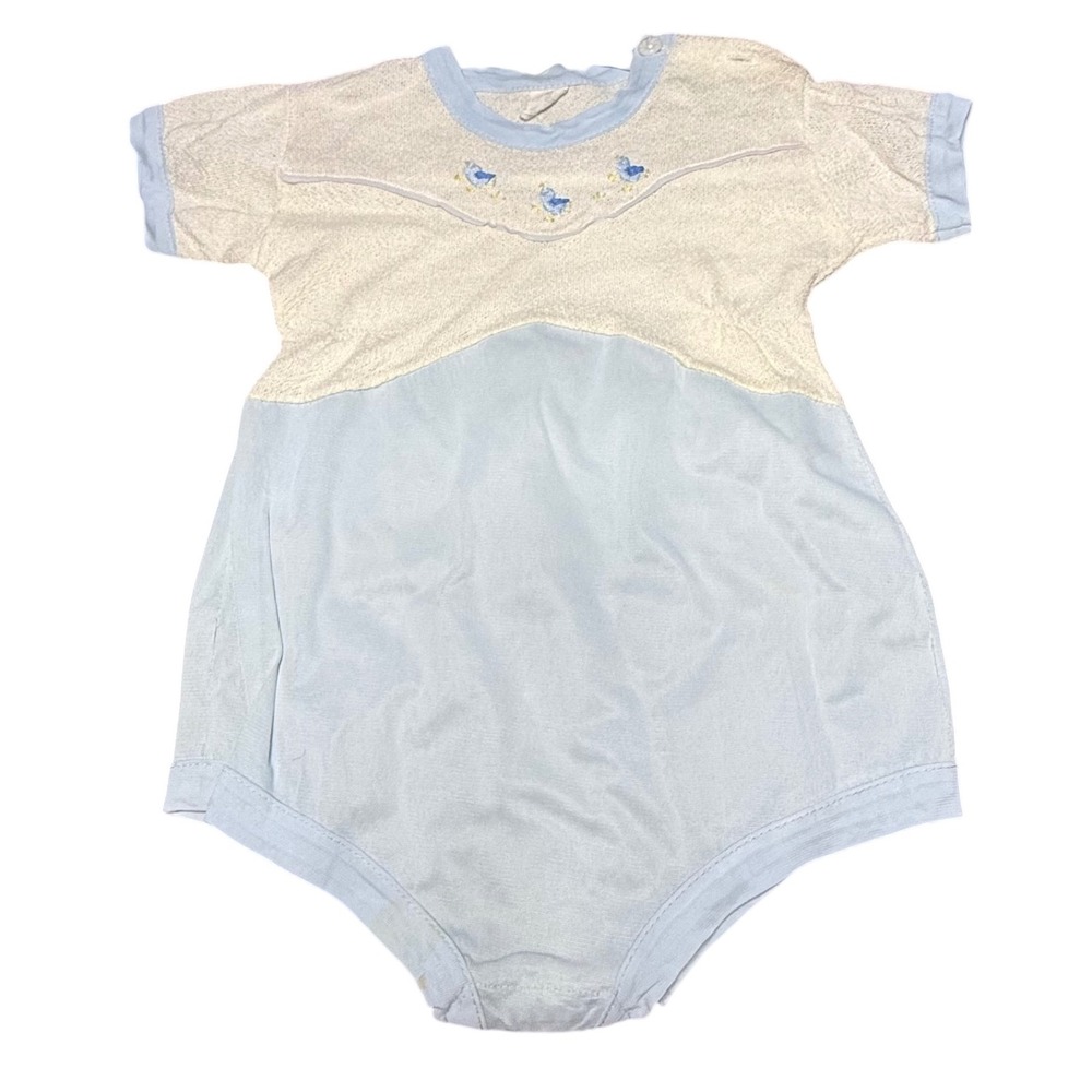 Rowley Vintage Baby Romper Embroidered Flowers Blue Trim Size 2 cottage core